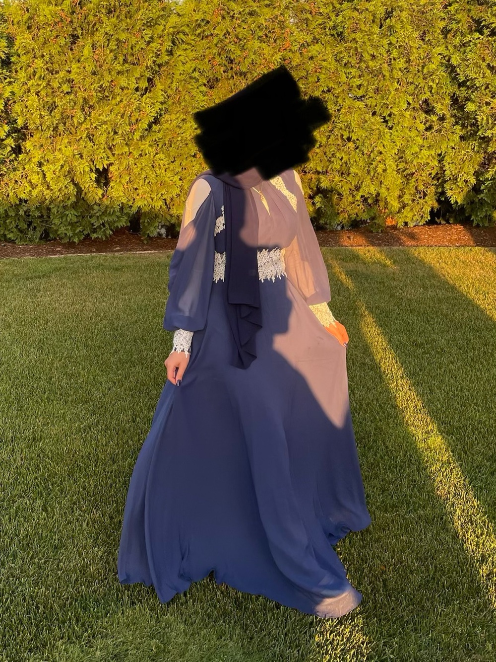 JJs House Navy Blue Maxi Dress with White Lace Appliqué